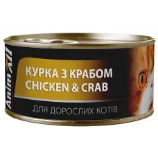 AnimAll, вологий корм для котів, курка з крабом, банка, 85 г