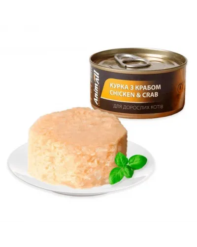 Вологий корм для котів AnimAll, курка з крабом, банка, 85 г
