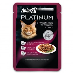 AnimAll Platinum, вологий корм для котів, яловичина з травами, шматочки в соусі, пауч, 85 г