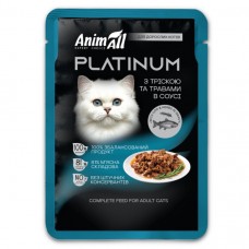 AnimAll Platinum, вологий корм для котів, тріска з травами, шматочки в соусі, пауч, 85 г