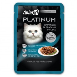 AnimAll Platinum, вологий корм для котів, тріска з травами, шматочки в соусі, пауч, 85 г