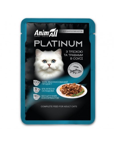 Вологий корм для дорослих котів AnimAll Platinum, тріска з травами, шматочки в соусі, пауч, 85 г