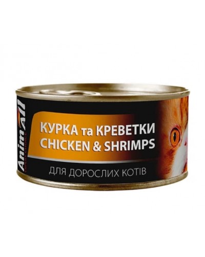 Вологий корм для котів AnimAll, курка з креветками, банка, 85 г