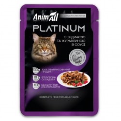AnimAll Platinum, вологий корм для котів, індичка з журавлиною, шматочки в соусі, пауч, 85 г