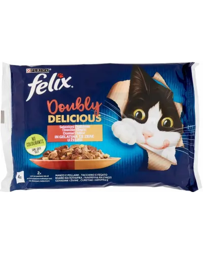 Felix Doubly Delicious вологий корм для кішок Purina з індичкою-печінкою, яловичиною-птицею 4х85 г