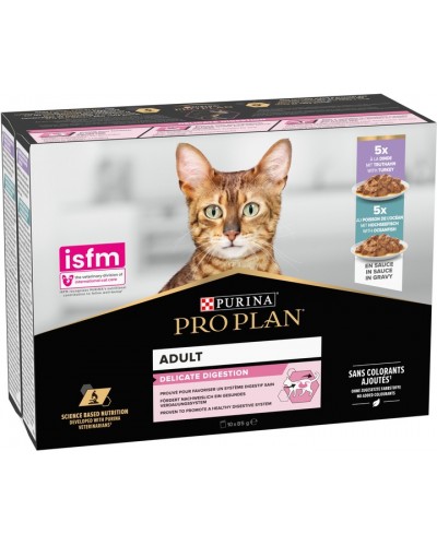 Purina Pro Plan Delicate Digestion MULTIPACK, вологий корм для котів з чутливим травленням, з індичкою 5 шт + з рибою 5 шт, паучі, 10х85 г Purina Pro Plan Delicate Digestion MULTIPACK, вологий корм для котів з чутливим травленням, з індичкою 5 шт + з рибою 5 шт, паучі, 10х85 г
