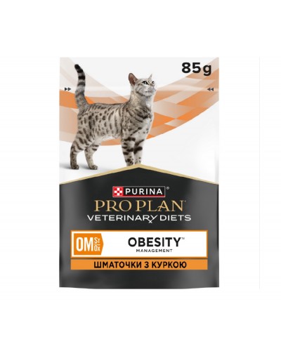 Вологий корм для дорослих котів для зниження маси тіла, Purina Pro Plan OM Obesity Management St/Ox, з куркою, пауч, 85 г