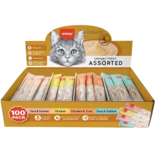 Wanpy Cat 100 Pack Creamy Lickable Treat Assorted, кремові ласощі для котів, асорті 4 смаків, 100 стіків по 14 г