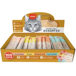 Wanpy Cat 100 Pack Creamy Lickable Treat Assorted, кремові ласощі для котів, асорті 4 смаків, 100 стіків по 14 г