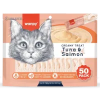 Wanpy Cat 50 Pack Creamy Lickable Treat Tuna & Salmon, кремові ласощі для котів, тунець та лосось, 50 стіків по 14 г