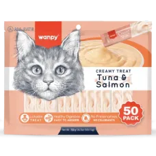 Wanpy Cat 50 Pack Creamy Lickable Treat Tuna & Salmon, кремові ласощі для котів, тунець та лосось, 50 стіків по 14 г