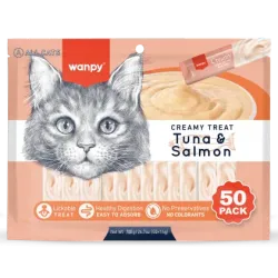 Wanpy Cat 50 Pack Creamy Lickable Treat Tuna & Salmon, кремові ласощі для котів, тунець та лосось, 50 стіків по 14 г