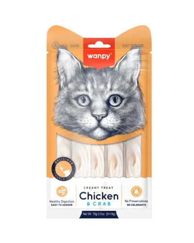  Wanpy Creamy Lickable Treats Chicken & Crab, кремові ласощі для котів, з куркою та крабом, 5 стіків по 14 г