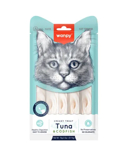  Wanpy Creamy Lickable Treats Tuna & Codfish, кремові ласощі для котів, з тунцем і тріскою, 5 стіків по 14 г