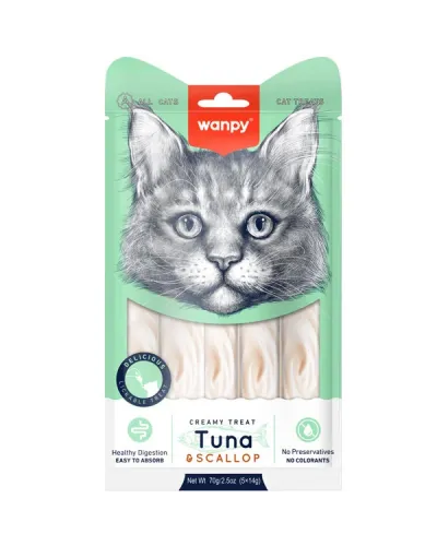  Wanpy Creamy Lickable Treats Tuna & Scallop, кремові ласощі для котів, з тунцем і морським гребінцем, 5 стіків по 14 г