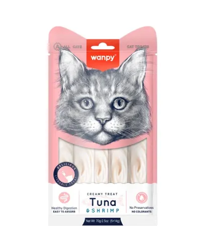  Wanpy Creamy Lickable Treats Tuna & Shrimp, кремові ласощі для котів, з тунцем і креветками, 5 стіків по 14 г