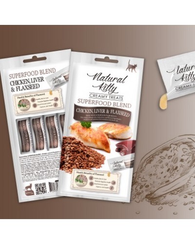 Ласощі для котів Natural Kitty Creamy Treats Superfood Blend: курка, печінка і насіння льону, 4 стіки