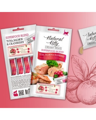 Ласощі для котів Natural Kitty Creamy Treats Superfood Blend: лосось, тунець і журавлина, 4 стіки
