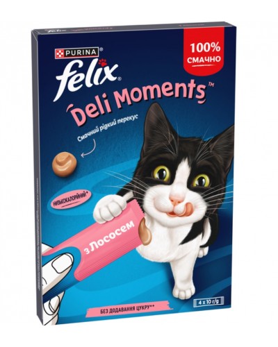 Кремові ласощі для котів Purina Felix Deli Moments, Фелікс Смачні моменти, з лососем, 4 стіки по 10 г