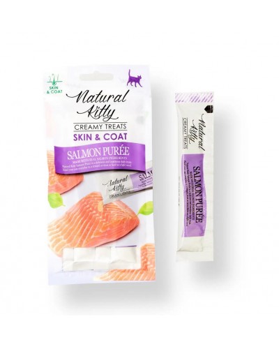 Корисні кремові ласощі для котів Natural Kitty, пюре з лосося, для здоров'я шкіри та шерсті, 4 стіки по 12 г Корисні кремові ласощі для котів Natural Kitty, пюре з лосося, для здоров'я шкіри та шерсті, 4 стіки по 12 г