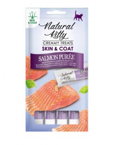 Корисні кремові ласощі для котів Natural Kitty, пюре з лосося,  для здоров'я шкіри та шерсті, 4 стіки по 12 г
