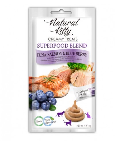 Ласощі для котів Natural Kitty Creamy Treats Superfood Blend: лосось, тунець і чорниця, 4 стіки