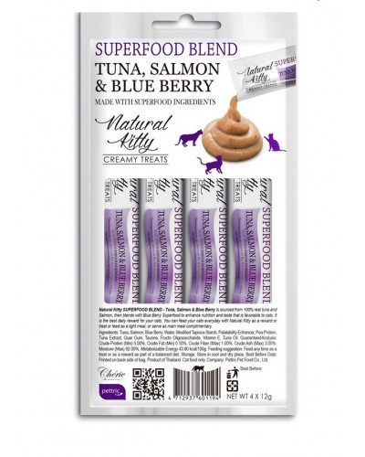 Ласощі для котів Natural Kitty Creamy Treats Superfood Blend: лосось, тунець і чорниця, 4 стіки
