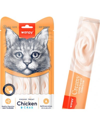  Wanpy Creamy Lickable Treats Chicken & Crab, кремові ласощі для котів, з куркою та крабом, 5 стіків по 14 г