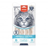 Wanpy Functional Creamy Treat Hairball Control, кремові снеки для котів, для виведення шерсті, з тріскою і куркою, 5 стіків по 14 г