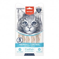 Wanpy Functional Creamy Treat Hairball Control, кремові снеки для котів, для виведення шерсті, з тріскою і куркою, 5 стіків по 14 г