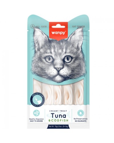  Wanpy Creamy Lickable Treats Tuna & Codfish, кремові ласощі для котів, з тунцем і тріскою, 5 стіків по 14 г