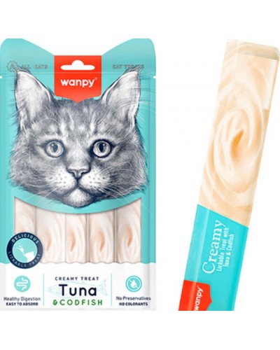  Wanpy Creamy Lickable Treats Tuna & Codfish, кремові ласощі для котів, з тунцем і тріскою, 5 стіків по 14 г