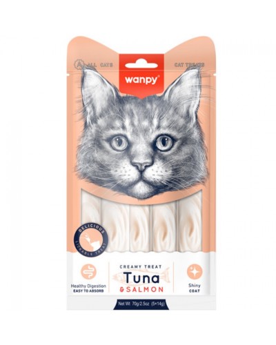  Wanpy Creamy Lickable Treats Tuna & Salmon, кремові ласощі для котів, з тунцем і лососем, 5 стіків по 14 г