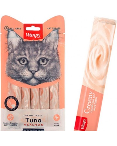 Wanpy Creamy Lickable Treats Tuna & Salmon, кремові ласощі для котів, з тунцем і лососем, 5 стіків по 14 г Wanpy Creamy Lickable Treats Tuna & Salmon, кремові ласощі для котів, з тунцем і лососем, 5 стіків по 14 г