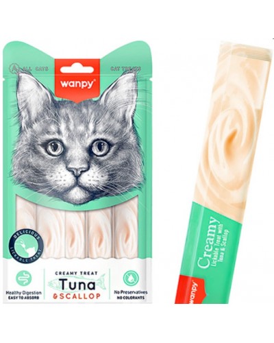 Wanpy Creamy Lickable Treats Tuna & Scallop, кремові ласощі для котів, з тунцем і морським гребінцем, 5 стіків по 14 г Wanpy Creamy Lickable Treats Tuna & Scallop, кремові ласощі для котів, з тунцем і морським гребінцем, 5 стіків по 14 г