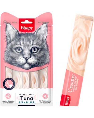  Wanpy Creamy Lickable Treats Tuna & Shrimp, кремові ласощі для котів, з тунцем і креветками, 5 стіків по 14 г
