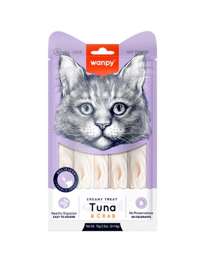 Wanpy Creamy Lickable Treats Tuna & Crab, кремові ласощі для котів, з тунцем та крабом, 5 стіків по 14 г