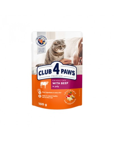  Club 4 Paws Premium (Клуб 4 Лапи Преміум), вологий корм для дорослих котів, з яловичиною в желе, 100 г