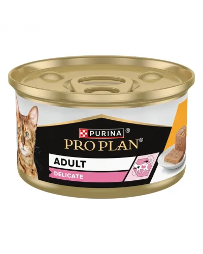 Промо-набір Упаковка вологого корму для дорослих котів Purina Pro Plan Delicate Мус з куркою для чутливого травлення банка 85 г х 12 шт