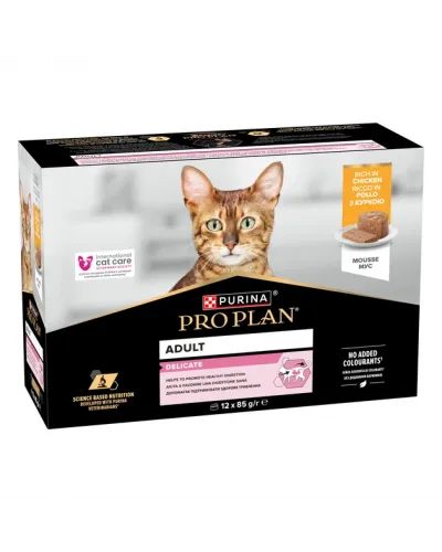 Промо-набір Упаковка вологого корму для дорослих котів Purina Pro Plan Delicate Мус з куркою для чутливого травлення банка 85 г х 12 шт
