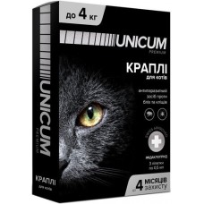 Краплі Unicum Premium від бліх та кліщів для котів вагою до 4 кг, 1 піпетка