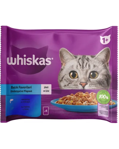Whiskas (Віскас), вологий корм для дорослих котів, 4х85 г: лосось  в желе 2х85 г та тунець в желе 2х85 г